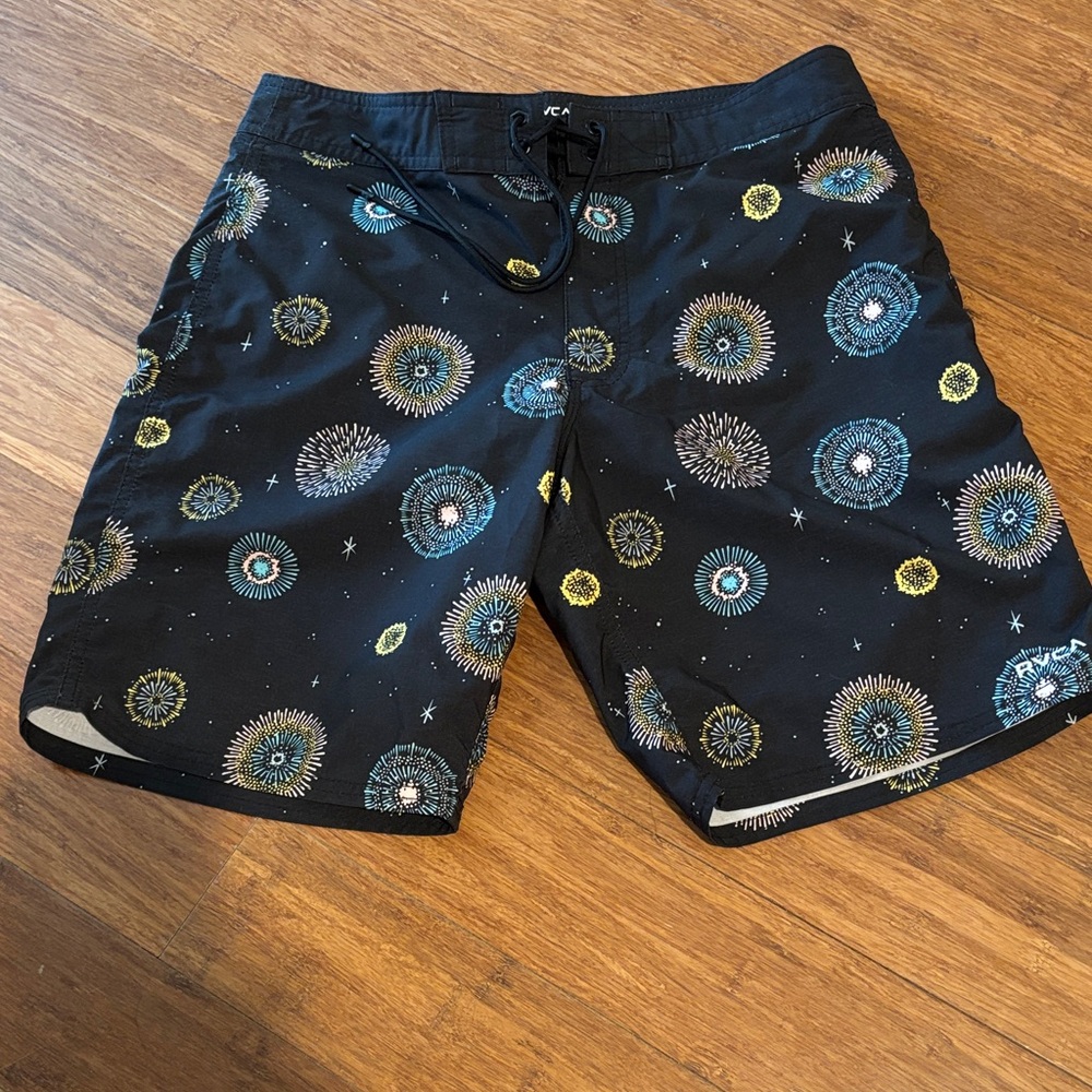 RVCA Black Board Shorts with Blue and Yellow Burst Print